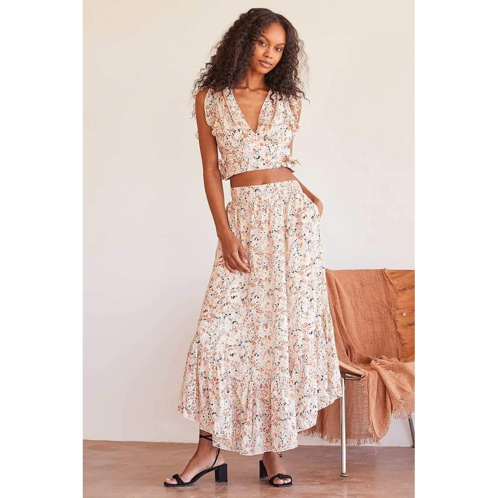 Free People Floral Maxi Skirt Smocked Waist Tiered High Low Cream Pink XS